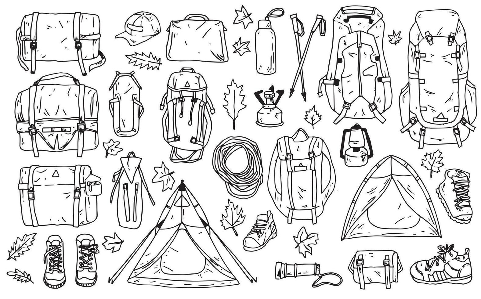 a set of equipment for hiking. backpack, tent, boots. simple line drawing in doodle style. vector