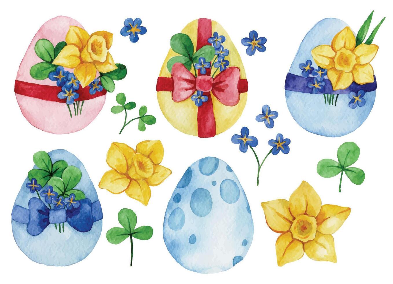 acuarela dibujo. conjunto de Pascua de Resurrección huevos y primavera flores vector