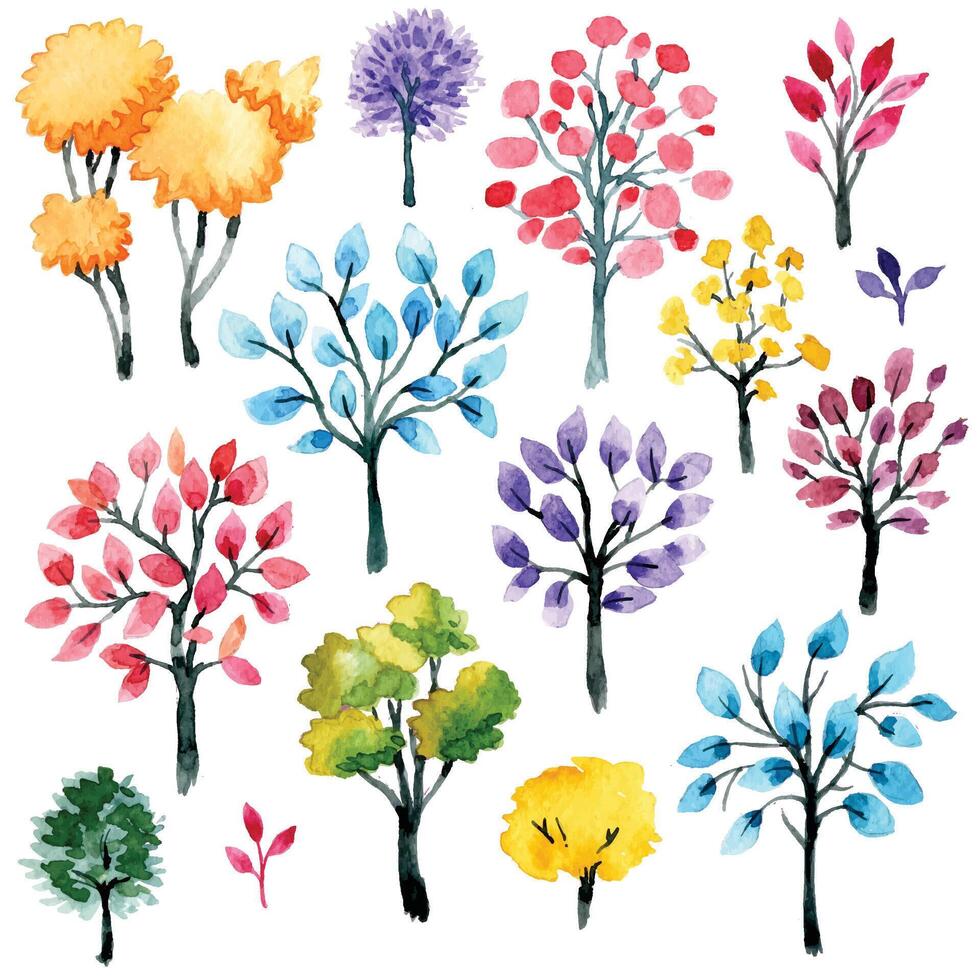 watercolor set with flowering trees. spring park, abstract print vector