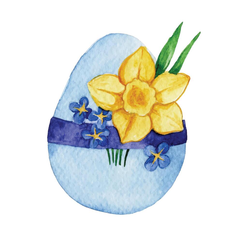 watercolor drawing, Easter egg with a bouquet of spring flowers vector