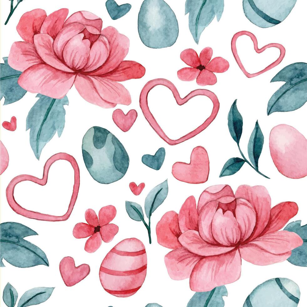 watercolor seamless pattern with Easter eggs and flowers. pastel pink vector