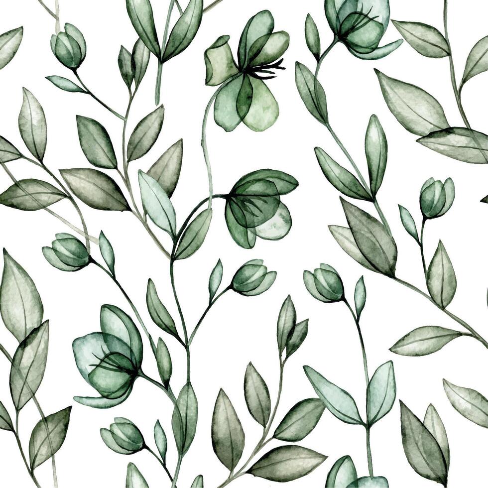 watercolor drawing. seamless pattern with transparent flowers and green leaves. x-ray vector