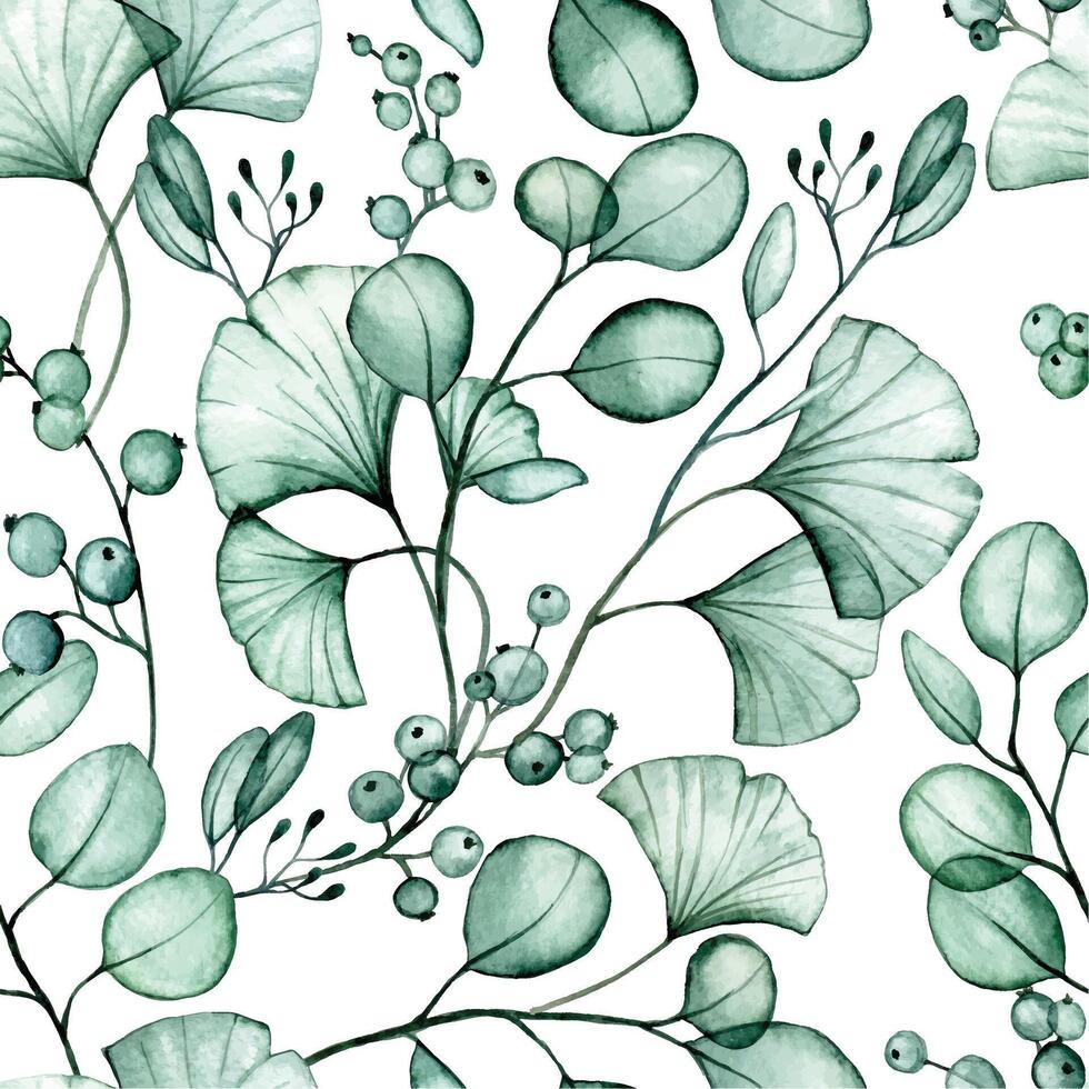 watercolor drawing. seamless pattern with transparent eucalyptus and ginkgo leaves. x-ray vector