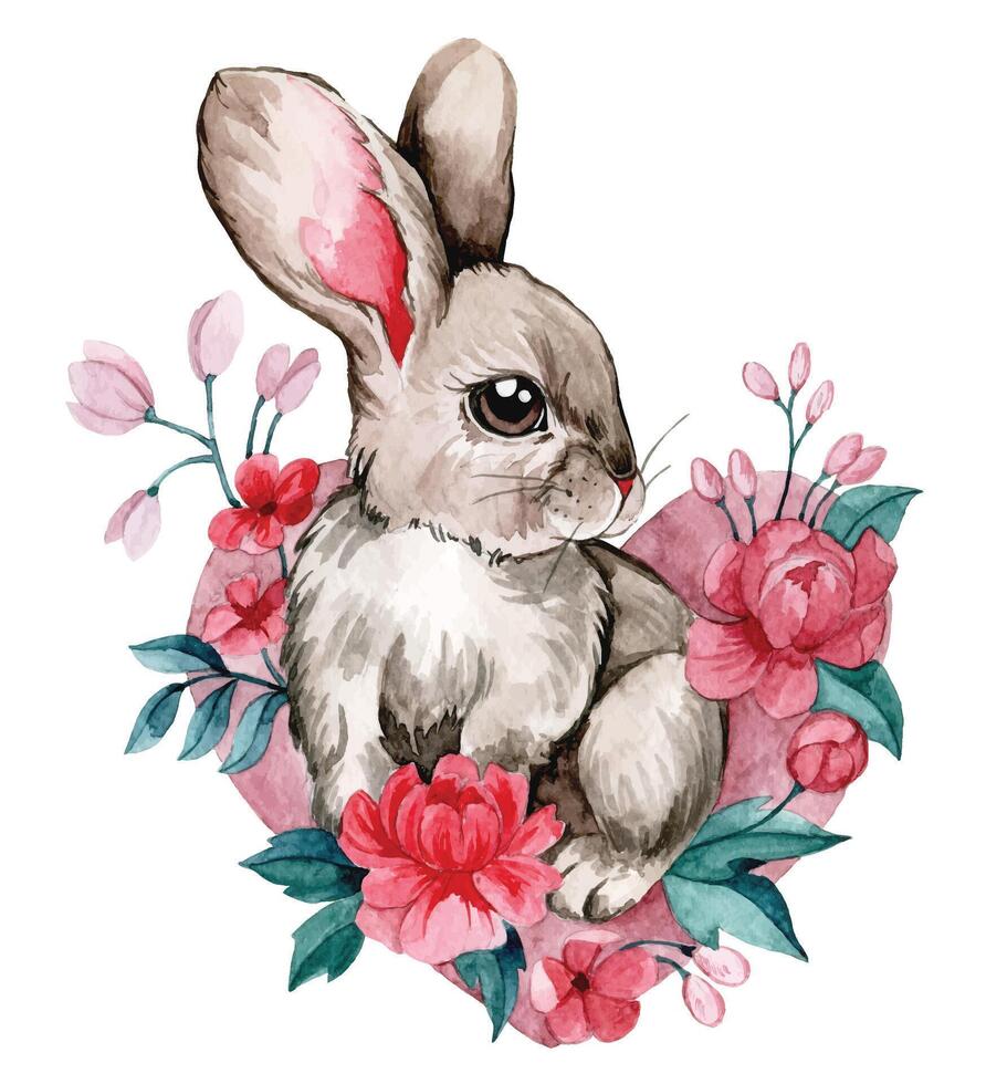 watercolor delicate drawing with Easter bunny, heart and flowers. illustration for a postcard vector