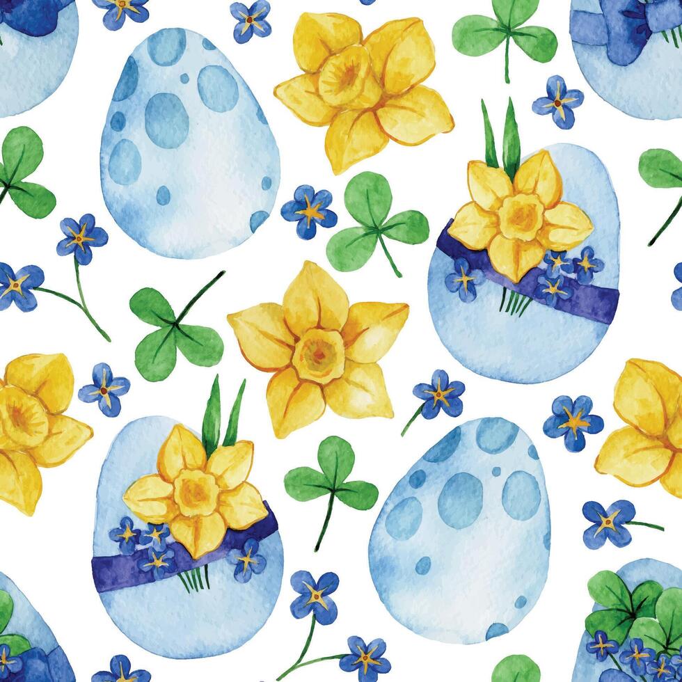 watercolor seamless pattern, Easter eggs and spring flowers on a white background vector