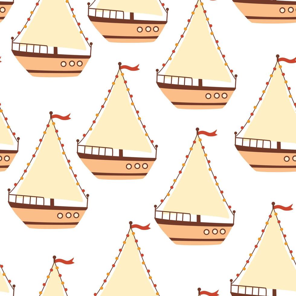 Boats seamless pattern. Marine theme. Trendy pattern of cute ships, sailboat for wrapping paper, wallpaper, stickers, notebook cover. Sea print. Vector cartoon backdrop illustration.