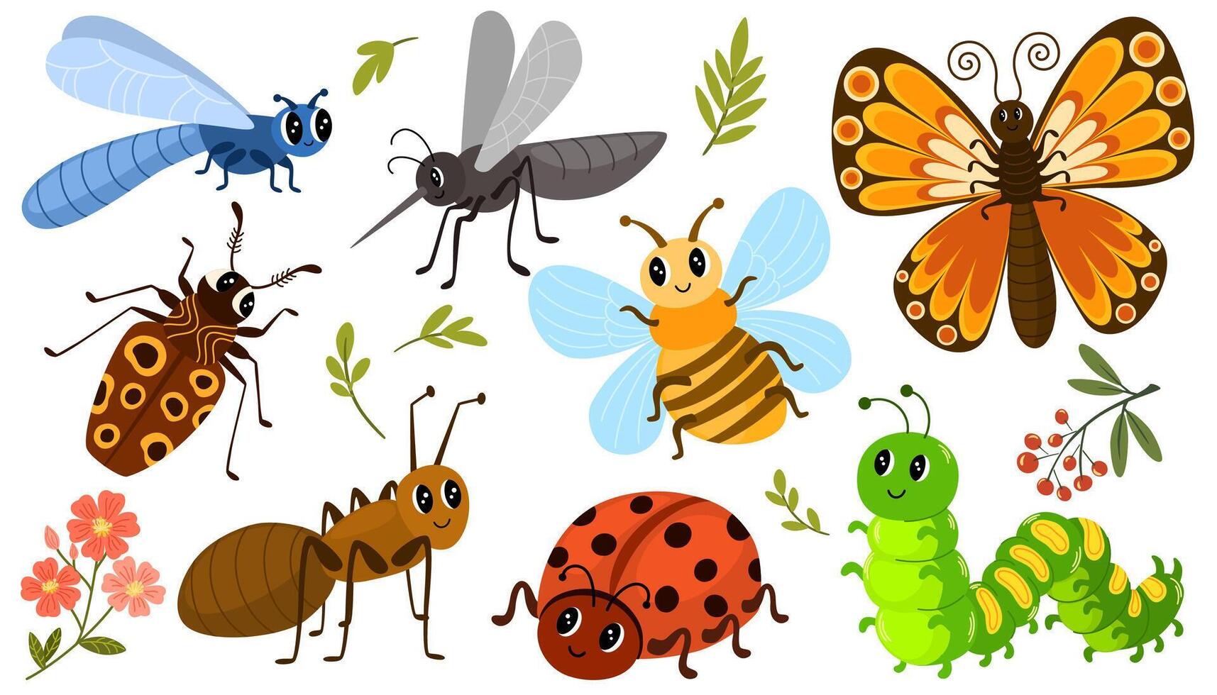 linda insectos colocar. mariposa, hormiga, mariquita, abeja, mosquito, oruga, libélula y escarabajo. vector mano dibujar ilustración aislado en blanco antecedentes