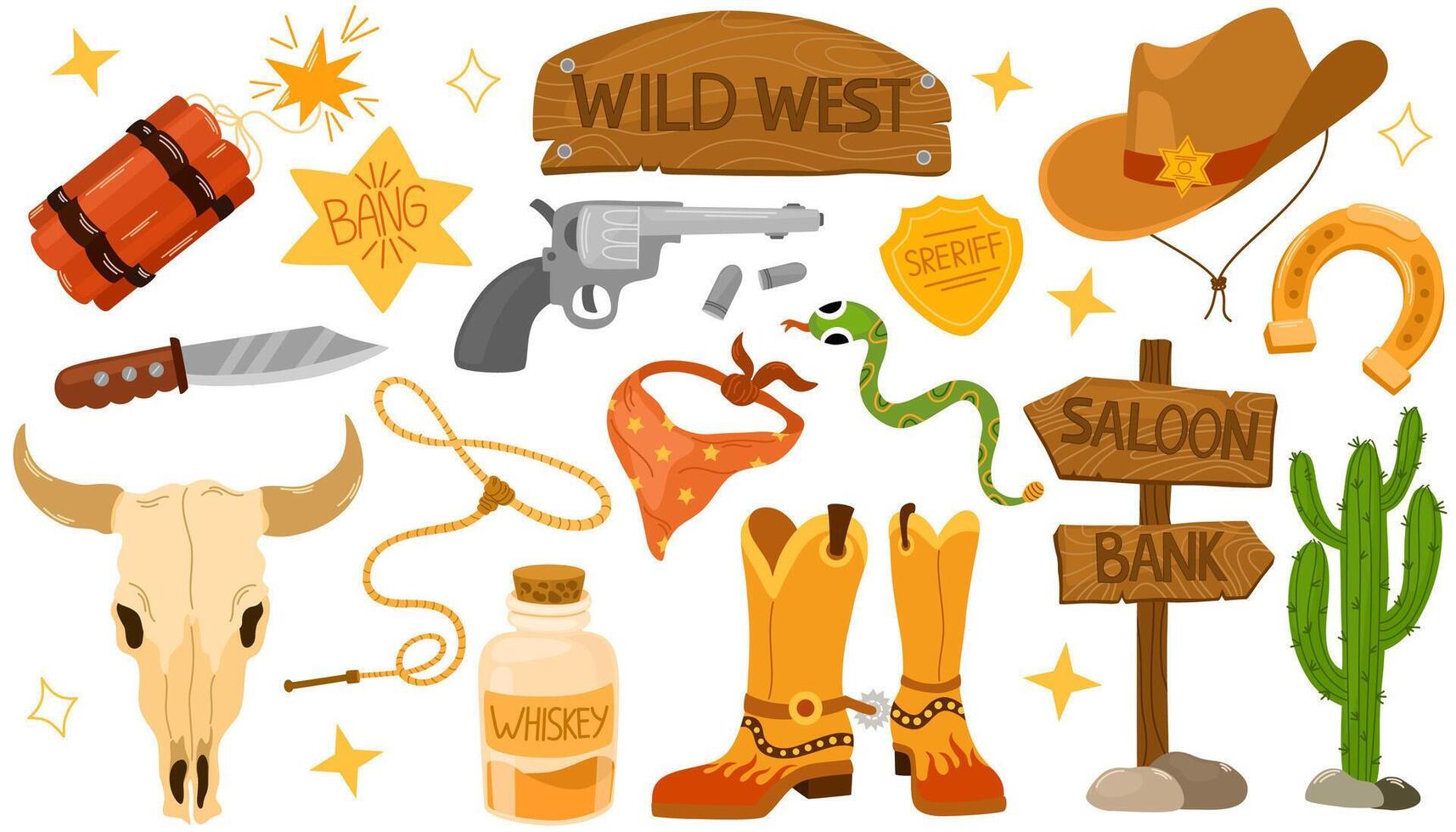 Wild west set. Flat design collection with Texas timber road sign, cowboy hat, boots, handgun, cactus, lasso, saloon signboard, cow skull, saddle. Vector hand draw illustration isolated