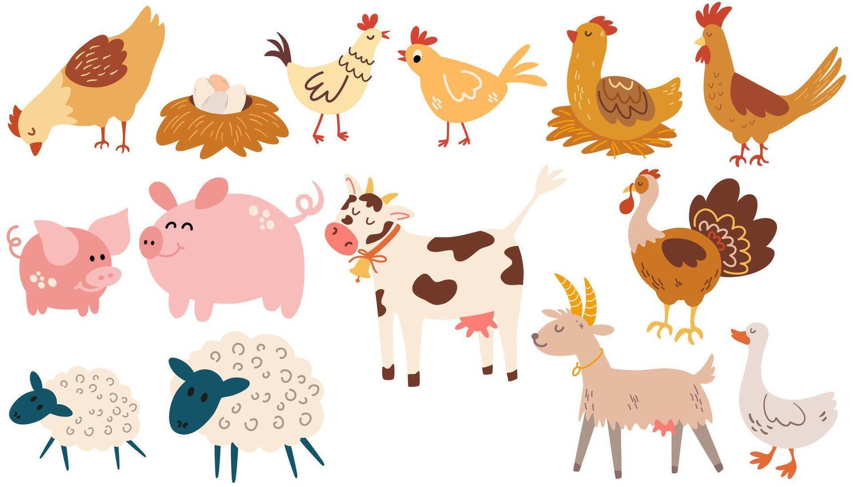 Farm animals set. Variety of funny farm animals in a cartoon flat style. Hand drawn colored trendy Vector illustrations.