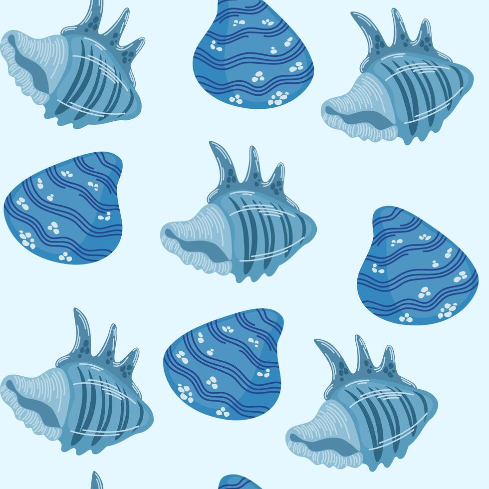 Sea shells seamless pattern. Summer marine animal background. Trendy pattern of seashells for wrapping paper, wallpaper, stickers, notebook cover. Vector ocean snail cartoon backdrop illustration.