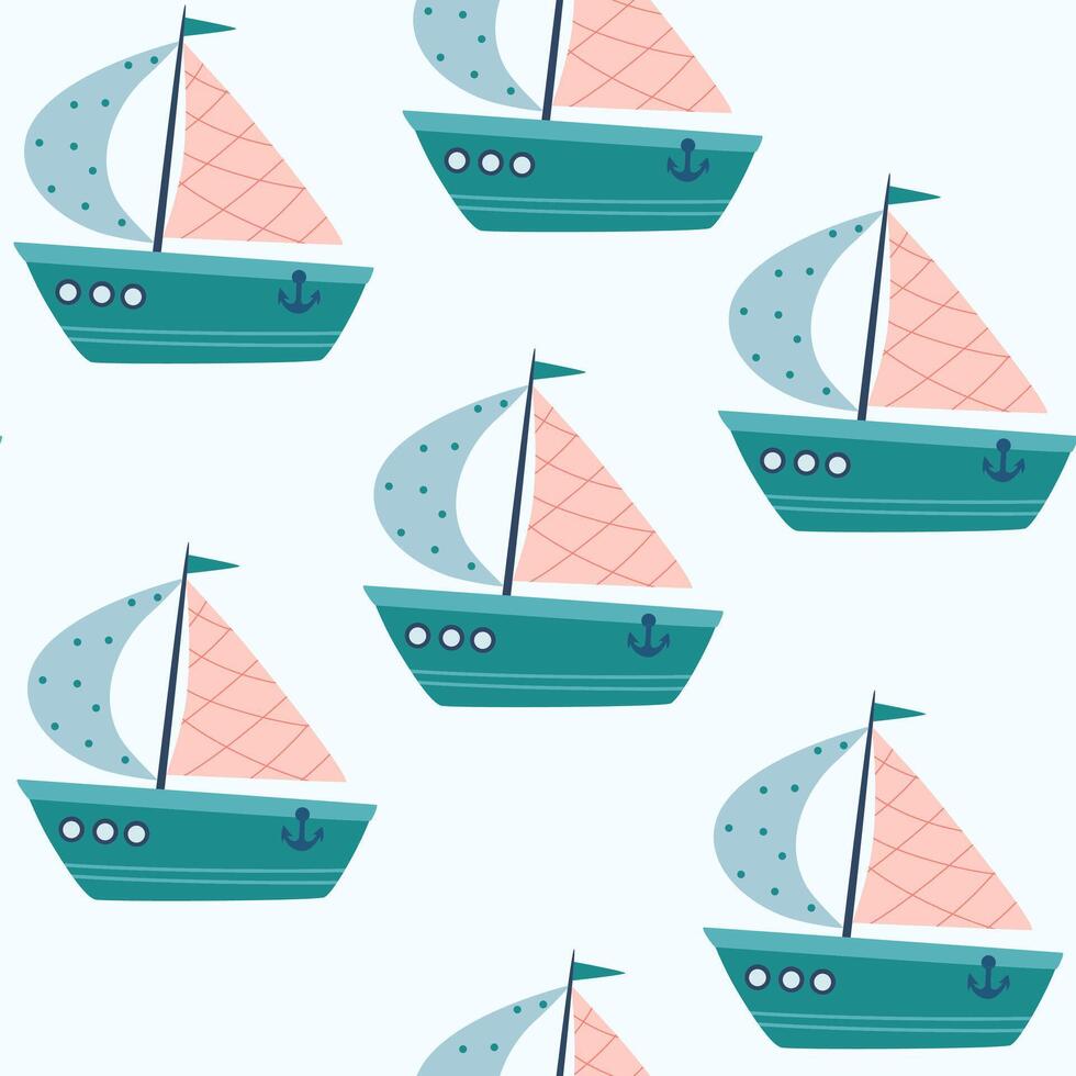 Boats seamless pattern. Marine theme. Trendy pattern of cute ships, sailboat for wrapping paper, wallpaper, stickers, notebook cover. Sea print. Vector cartoon backdrop illustration.