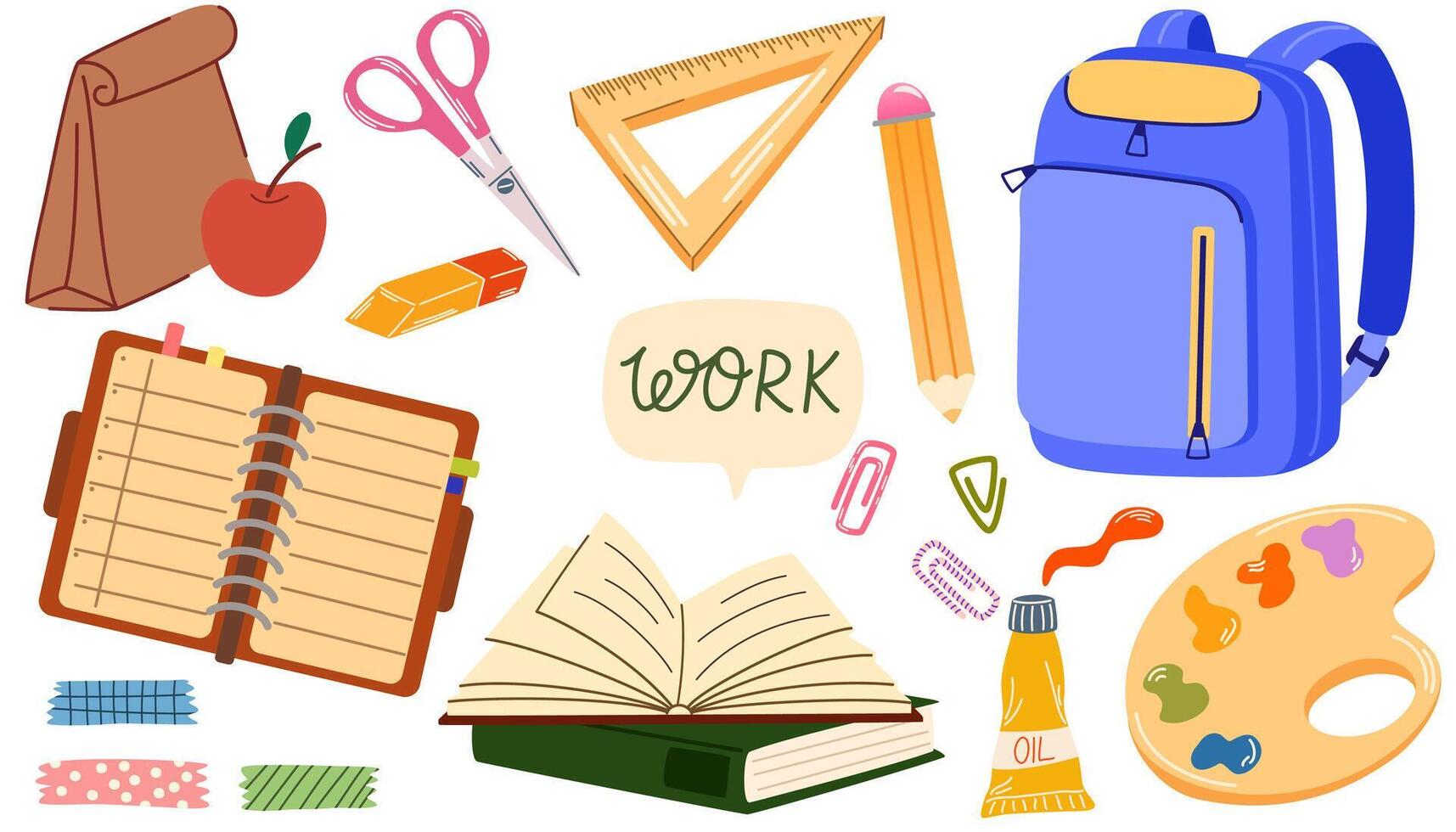 School and education cute stickers template set. Bundle of textbooks, stationery supply, objects. Scrapbooking elements. Vector hand draw illustration