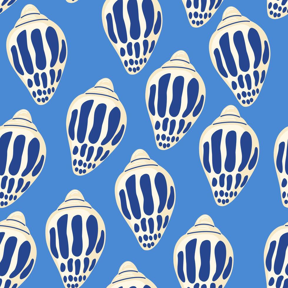 mar conchas sin costura modelo. verano marina animal antecedentes. de moda modelo de conchas marinas para envase papel, fondo de pantalla, pegatinas, cuaderno cubrir. vector Oceano caracol dibujos animados fondo ilustración.