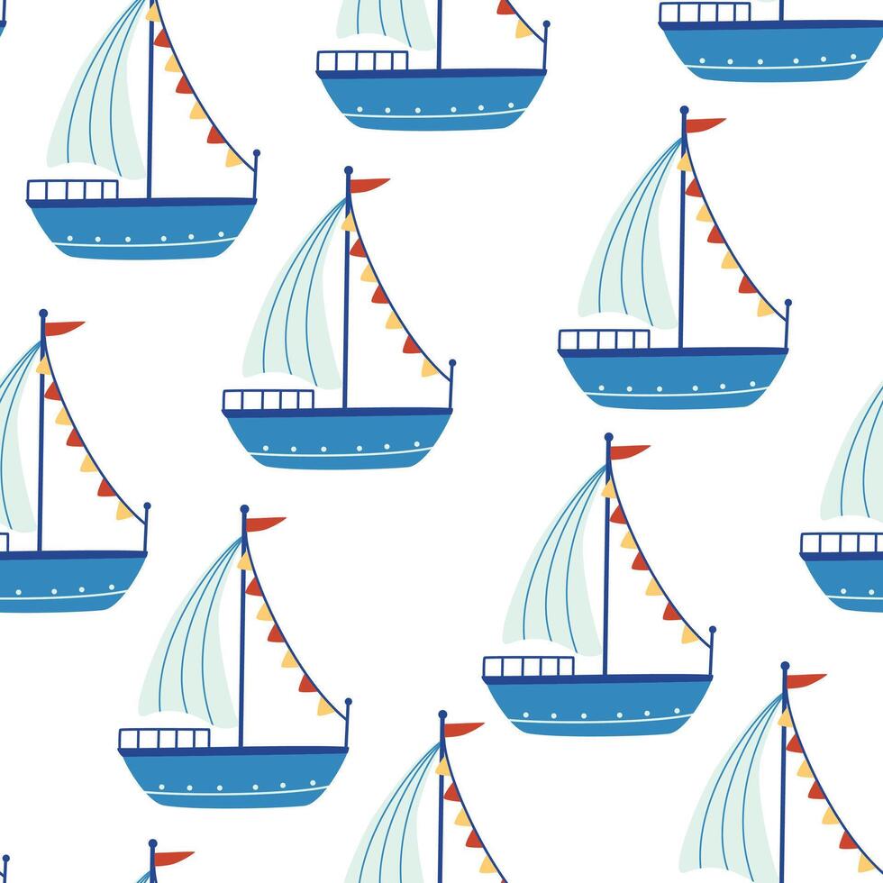 Boats seamless pattern. Marine theme. Trendy pattern of cute ships, sailboat for wrapping paper, wallpaper, stickers, notebook cover. Sea print. Vector cartoon backdrop illustration.
