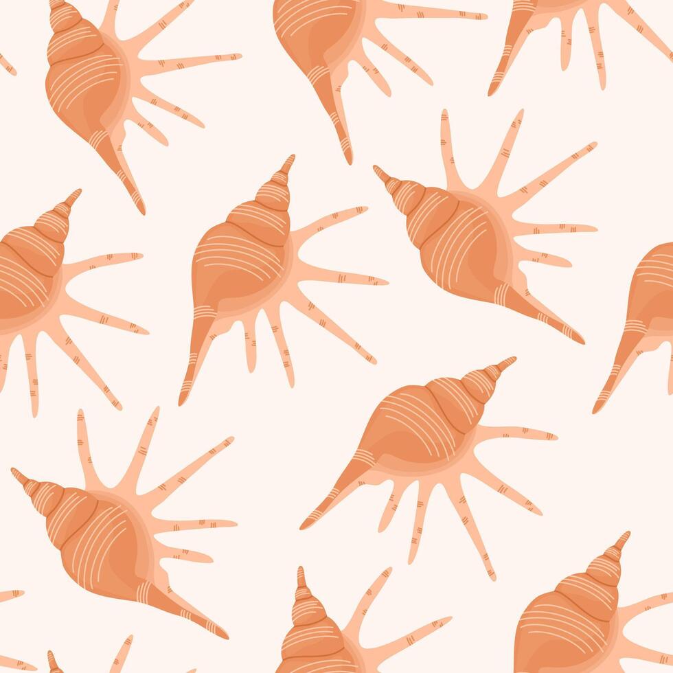 Sea shells seamless pattern. Summer marine animal background. Trendy pattern of seashells for wrapping paper, wallpaper, stickers, notebook cover. Vector ocean snail cartoon backdrop illustration.