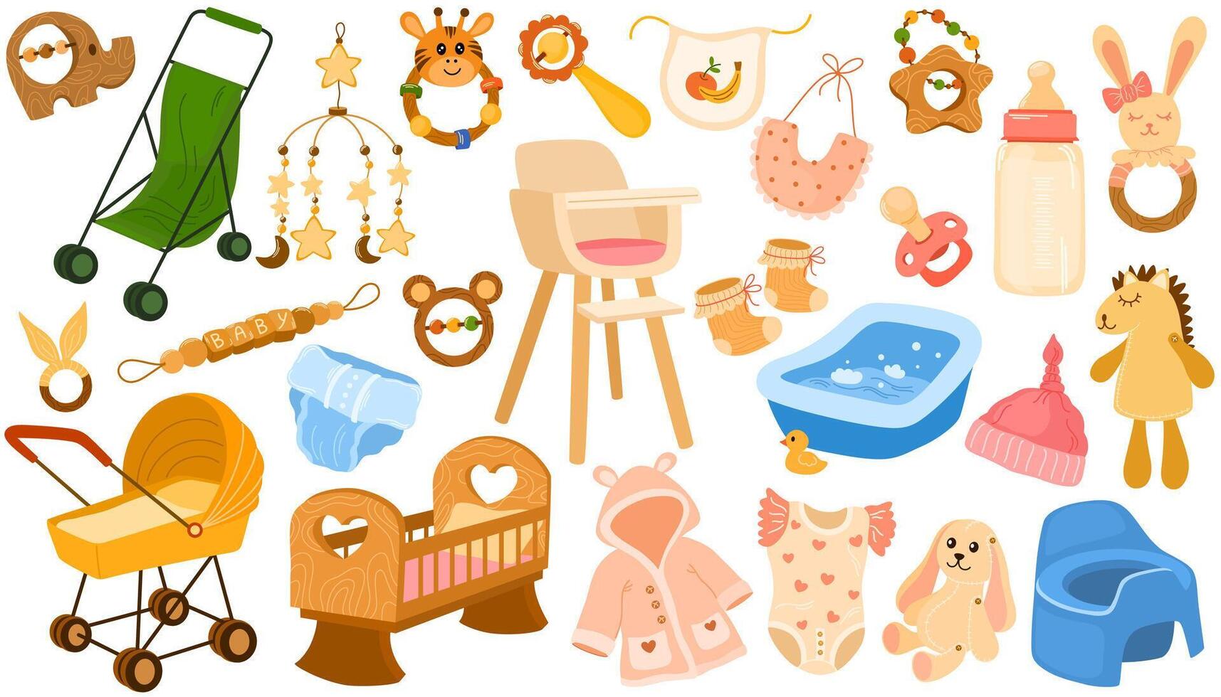 Newborn accessories. Baby care items, cradles, toys, baby clothes, milk bottles and rattles, rubber pacifier and diaper, stroller, feeding chair, bathing tub. Maternity and childhood vector set