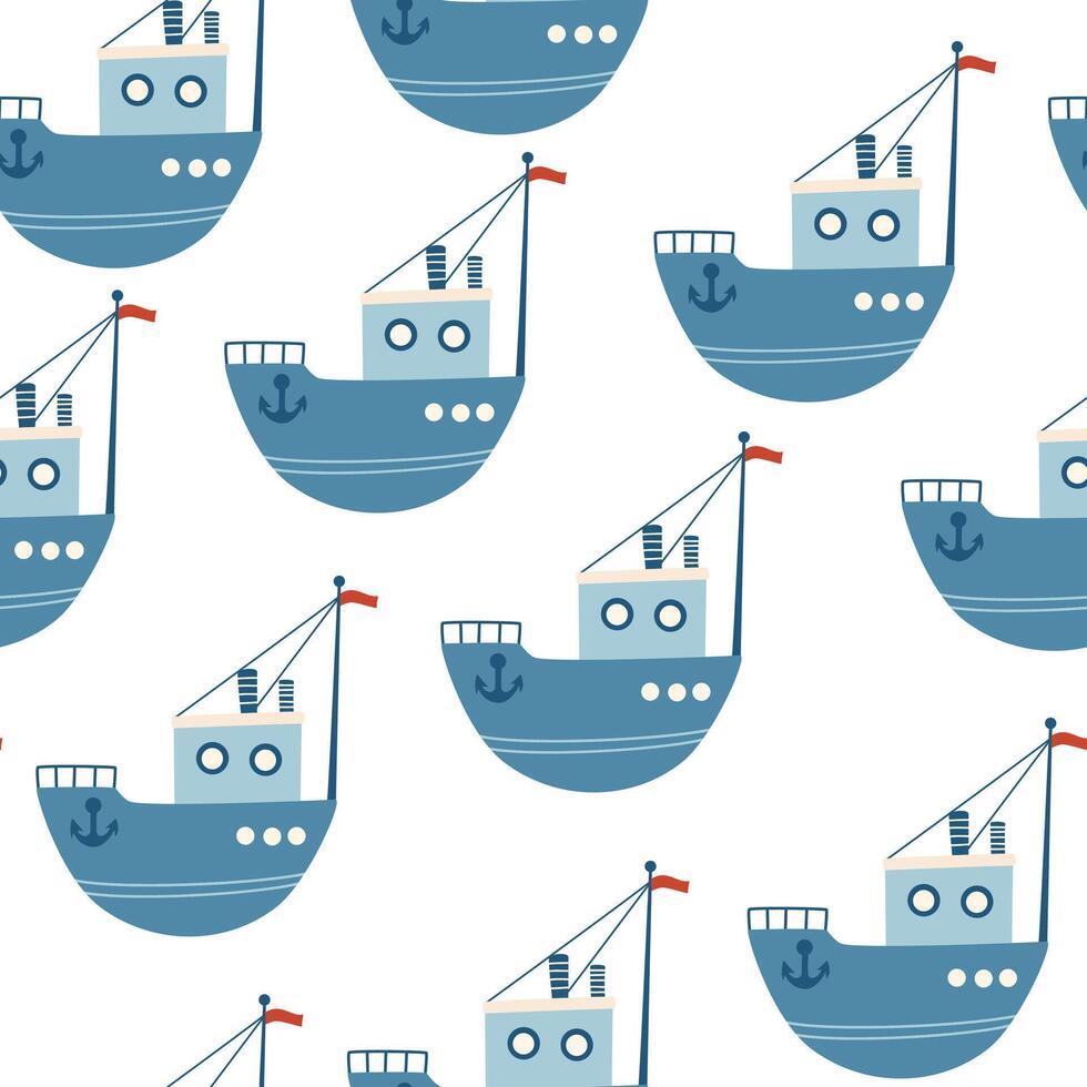 Boats seamless pattern. Marine theme. Trendy pattern of cute ships, sailboat for wrapping paper, wallpaper, stickers, notebook cover. Sea print. Vector cartoon backdrop illustration.