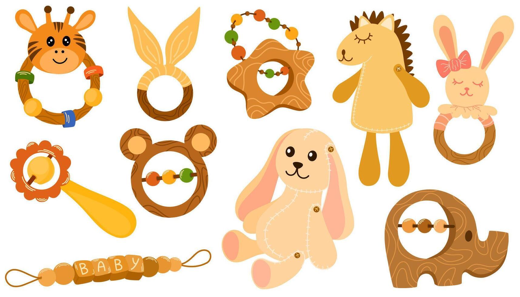 Children's toys. Set of kid wooden, plush and plastic toys in boho style. Children's entertainment, kid's shop, playing, childhood concept. Newborn accessories. Vector hand draw illustrations
