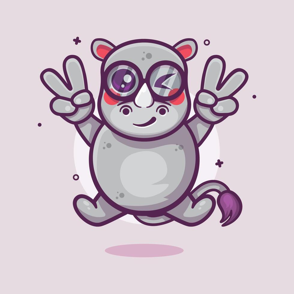cheerful rhino animal character mascot with peace sign hand gesture isolated cartoon vector
