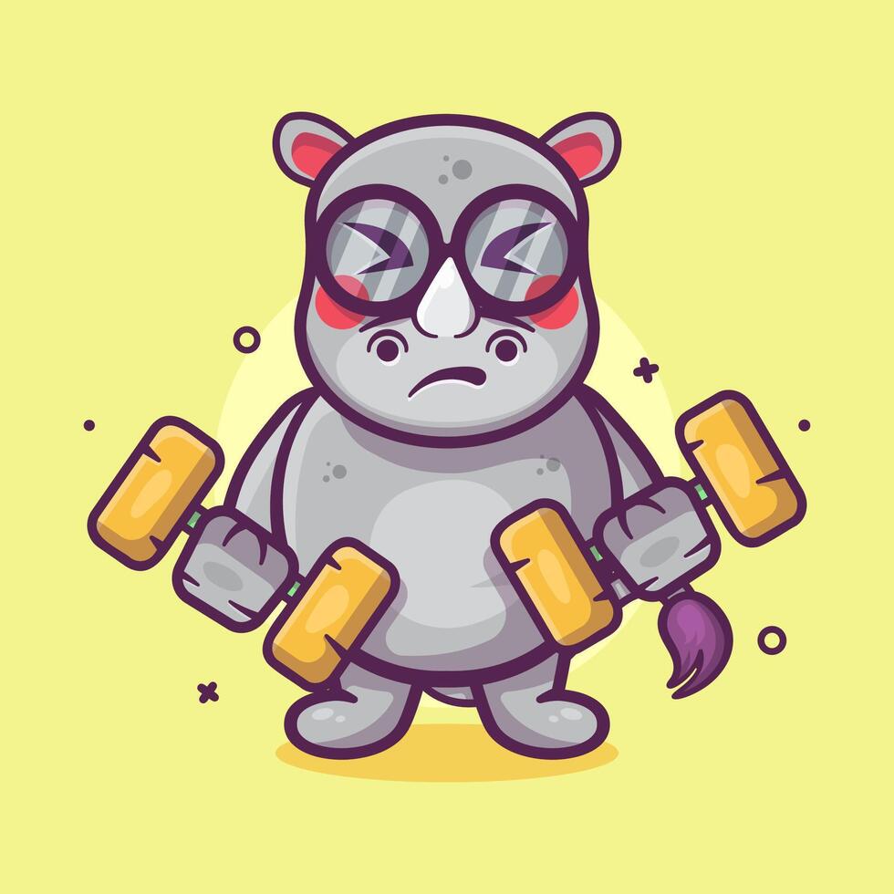 funny rhino animal character mascot doing bodybuilding using dumbbell isolated cartoon vector