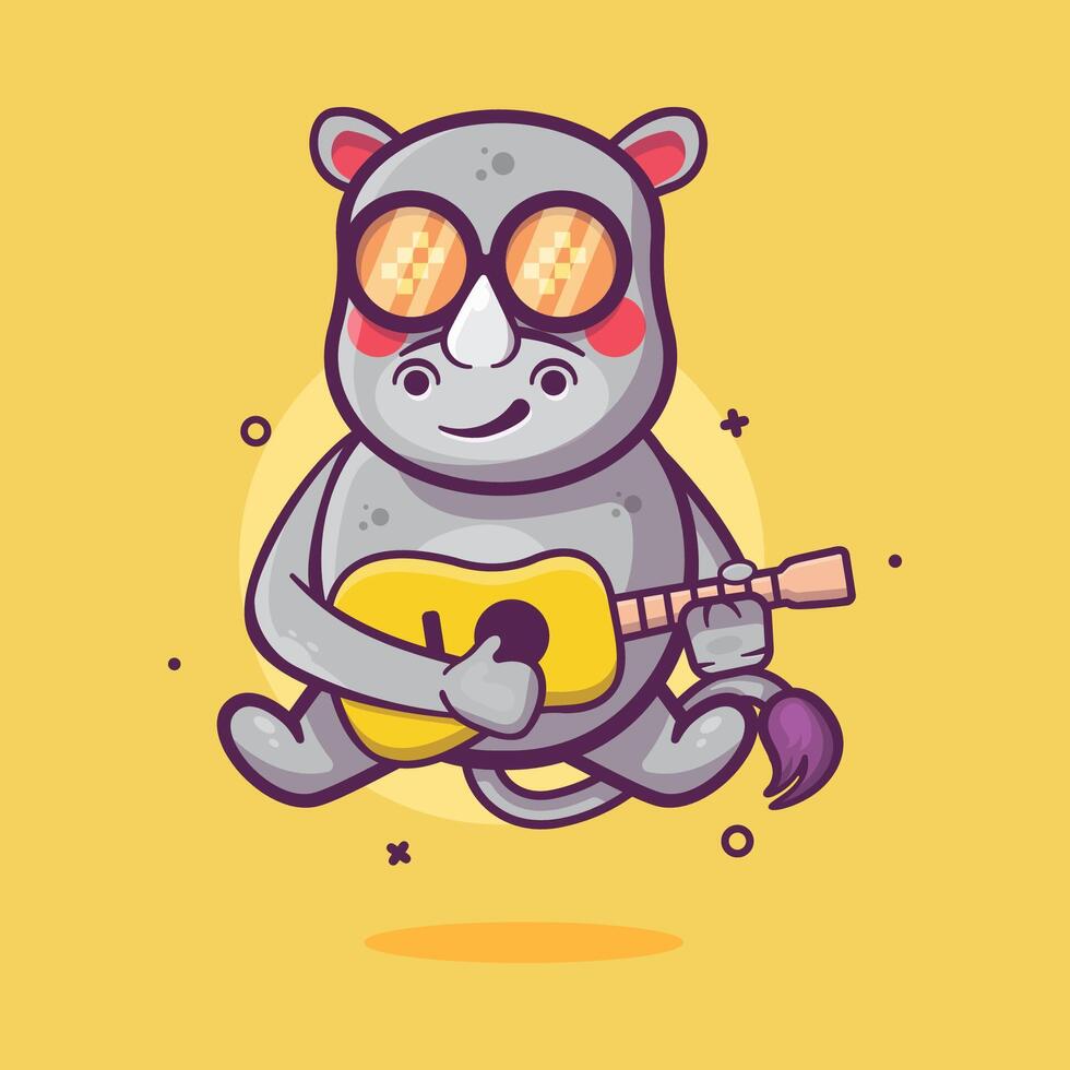 cool rhino animal character mascot playing guitar isolated cartoon vector