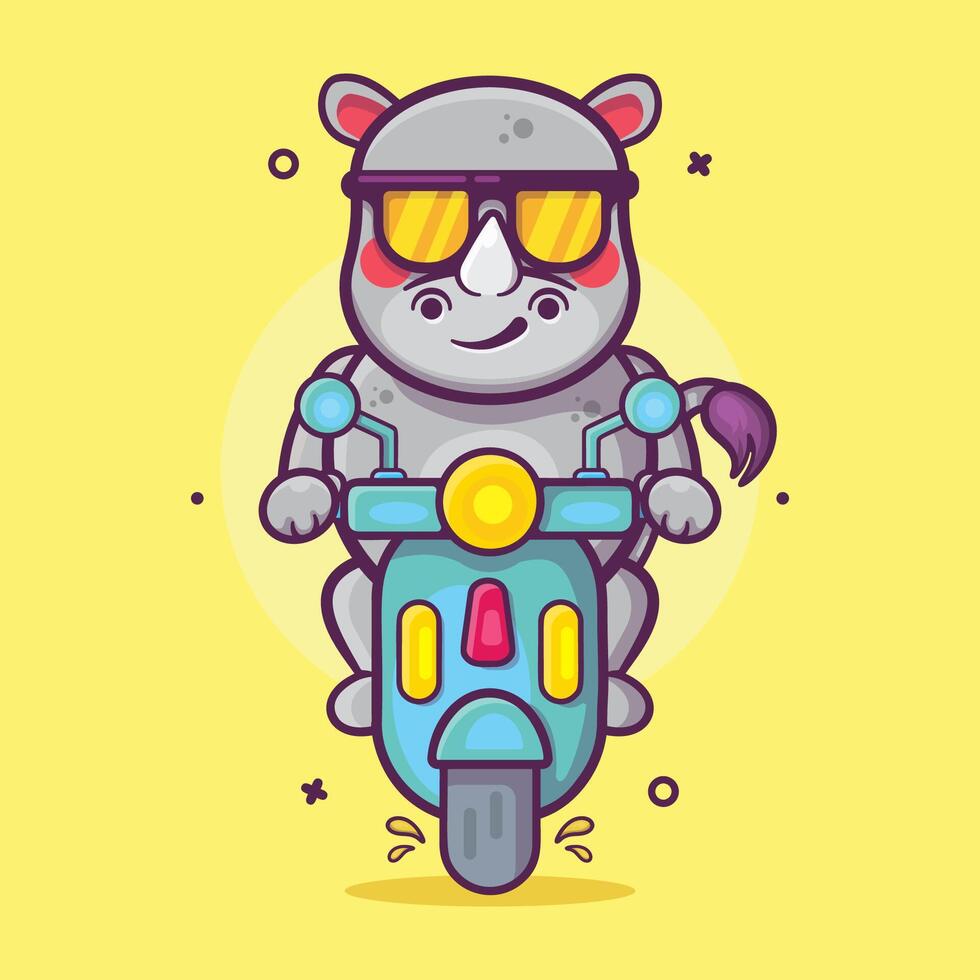 frio rinoceronte animal personaje mascota montando scooter motocicleta aislado dibujos animados vector