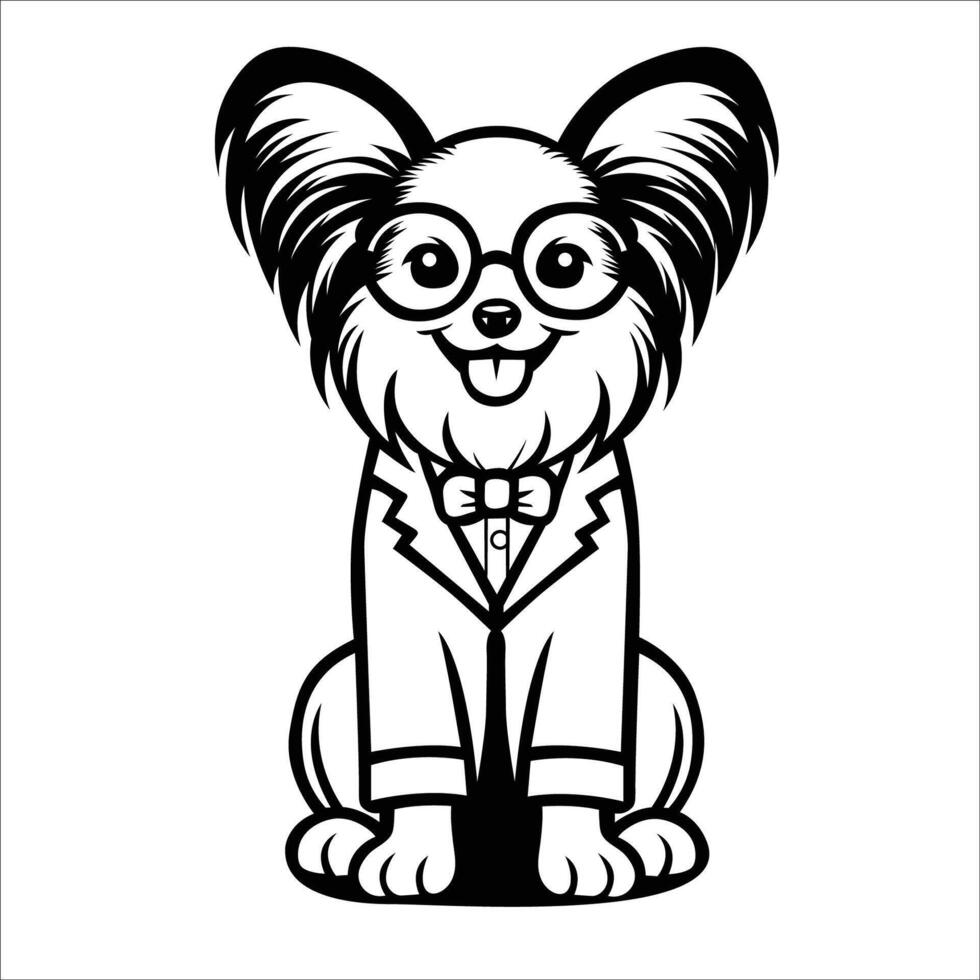 AI generated Papillon Dog Doctor black and white illustration vector