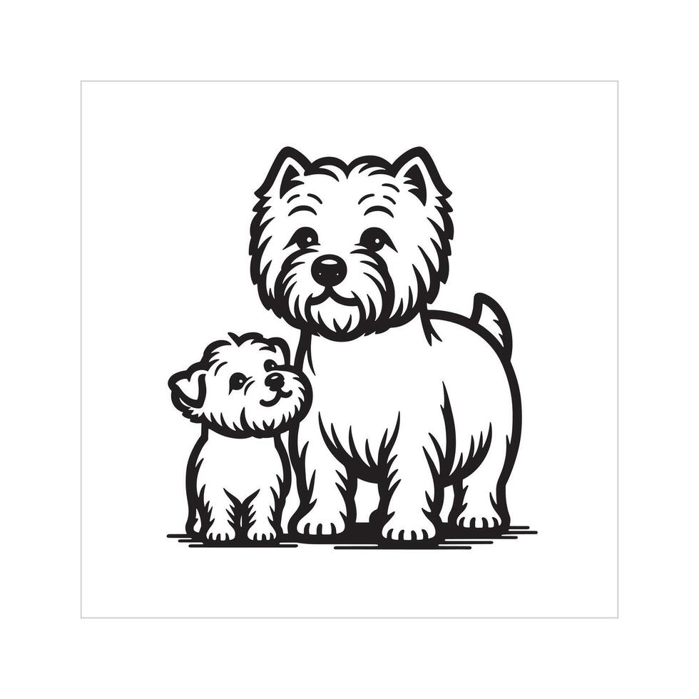 AI generated West Highland White Terrier Dog Family Clipart illustration in Black and white vector