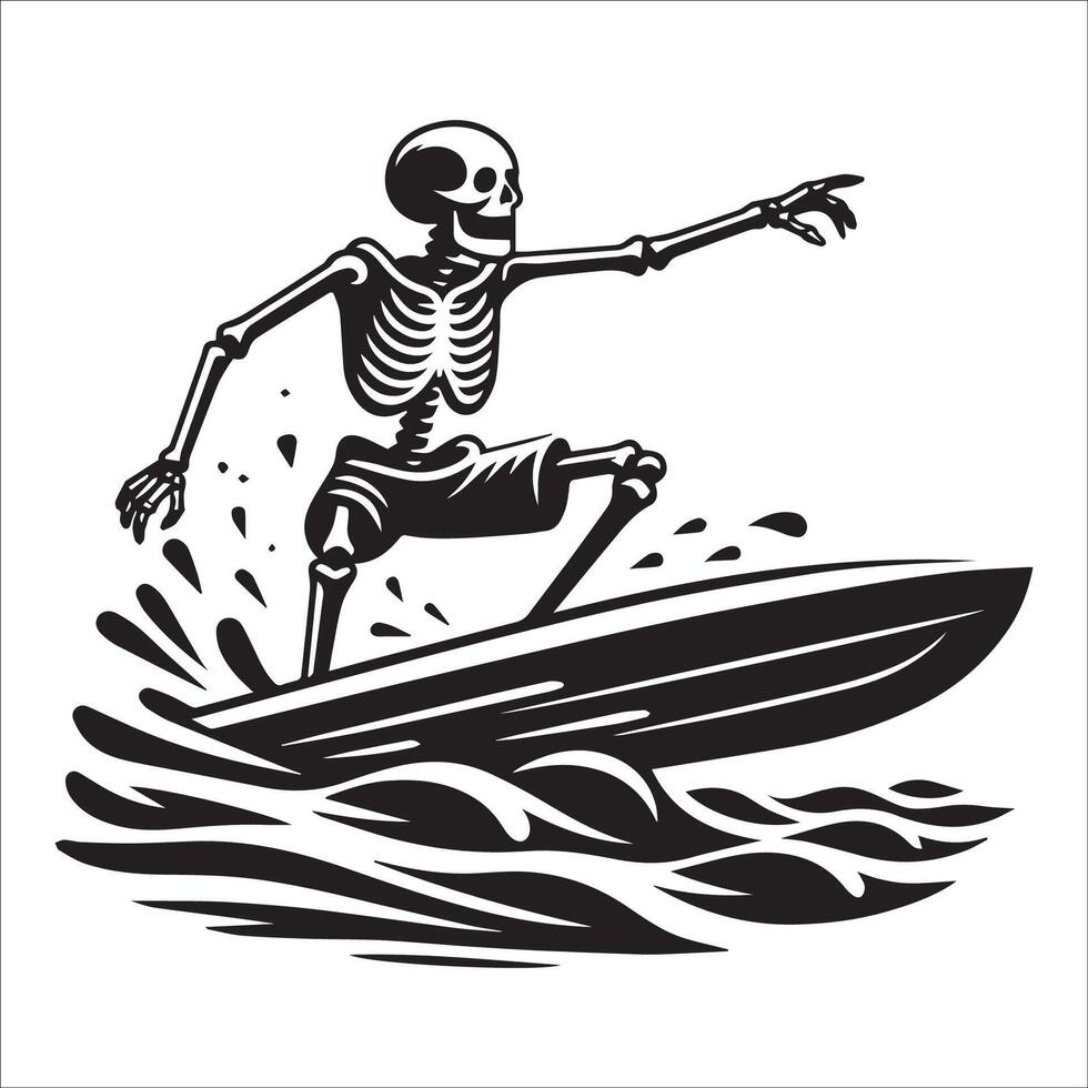 AI generated Skeleton Surfing in black and white illustration vector