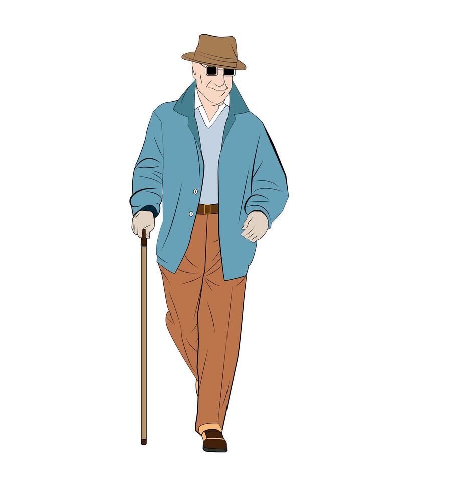 elderly man with cane artistic line art style vector