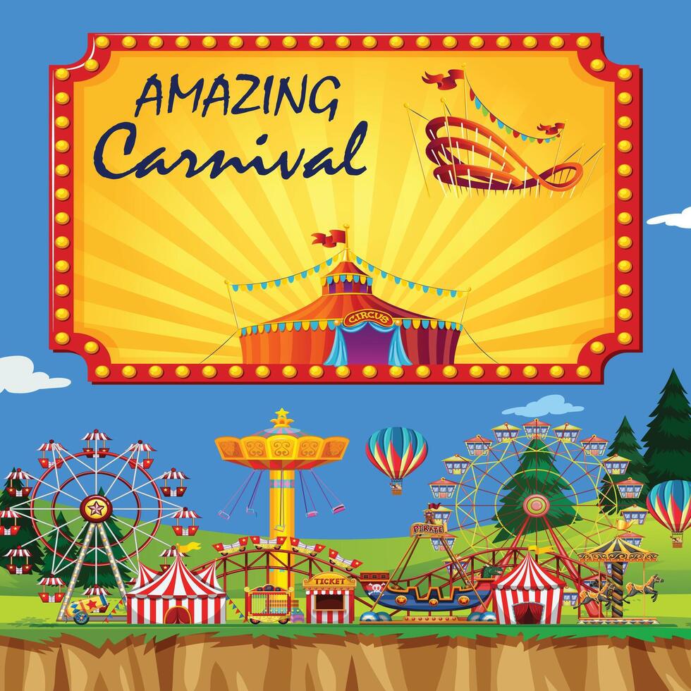 Fun fair sign and circus rides in background vector