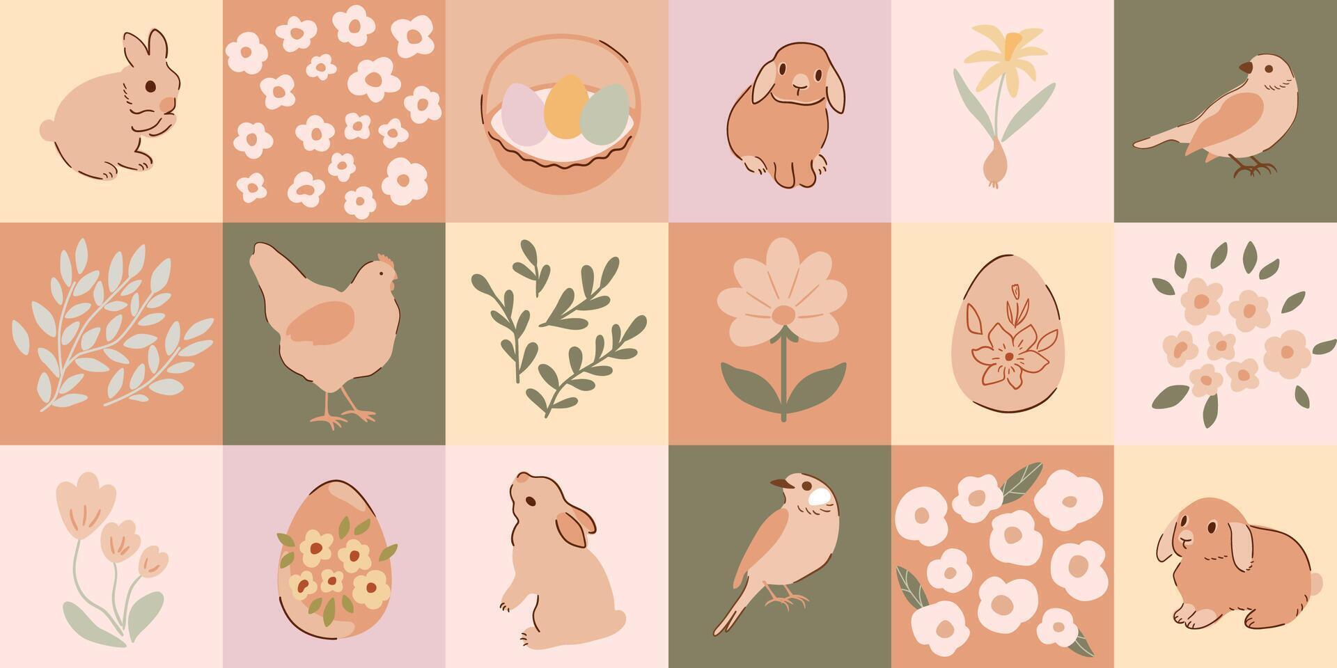 Mosaic beige Easter holiday seamless pattern with hand drawn eggs, rabbit bunny, hen, chicken, flowers, birds. Vector repeat background, print, cover template, wallpaper, floral spring textile design.