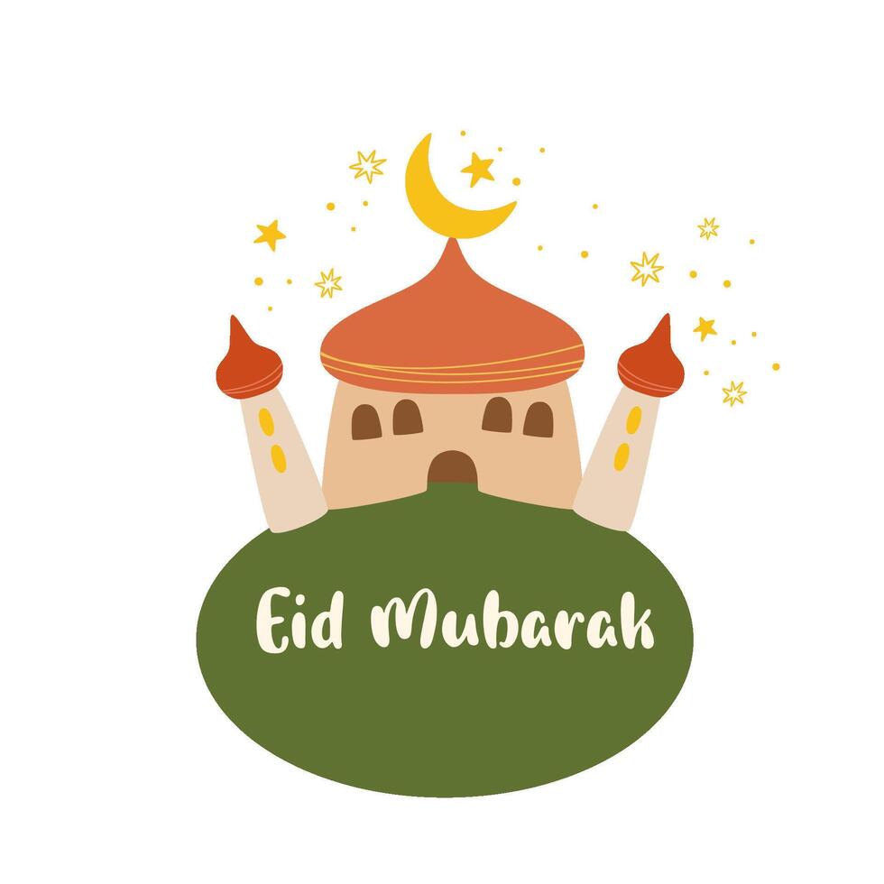 Ramadán kareem saludo tarjeta, Arábica mezquita, luna, creciente, estrellas. dibujos animados vector islámico decorativo elemento aislado en blanco. texto eid mubarak. linda mano dibujado ilustración. Marruecos arquitectura