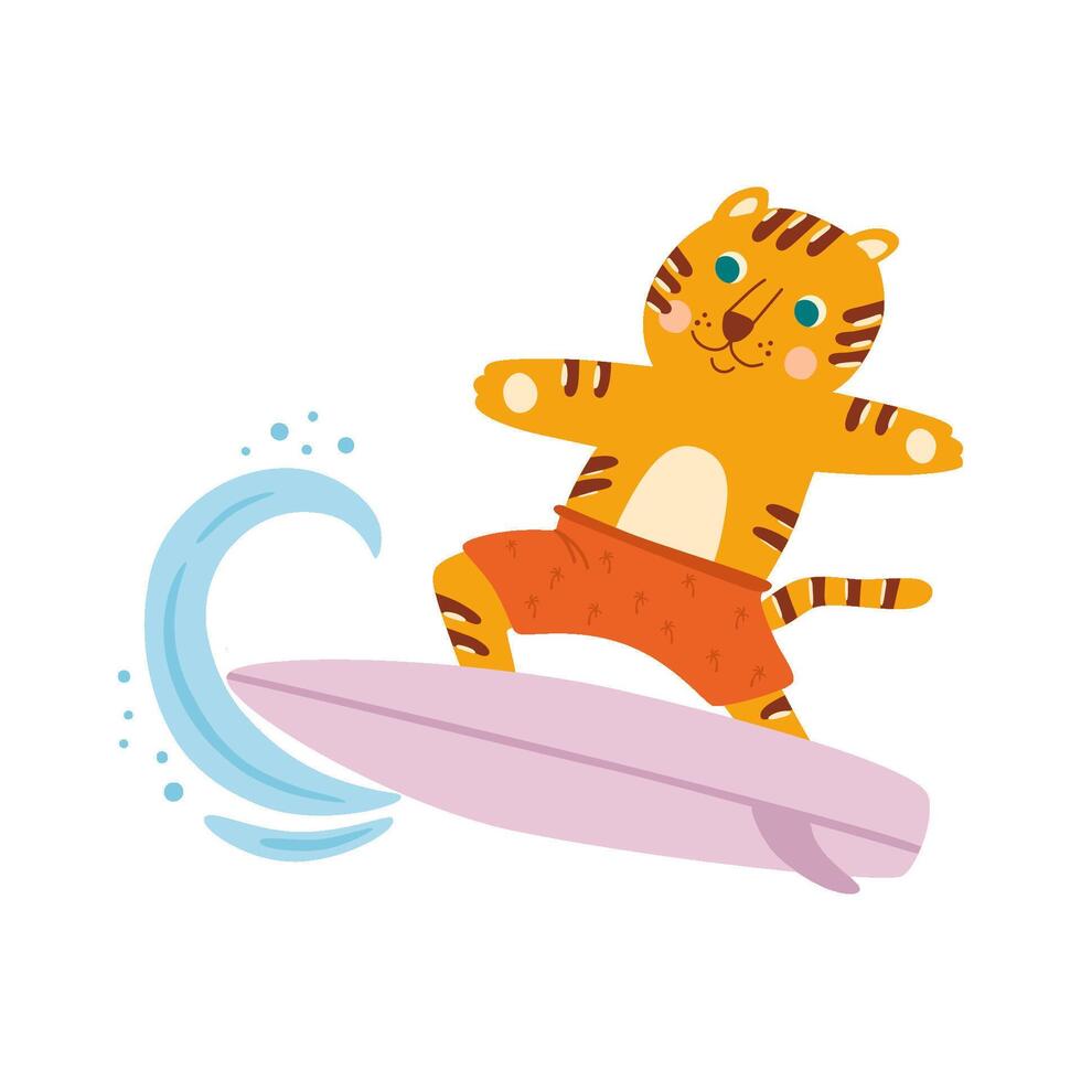 animal surf. vector linda tablista Tigre en tabla de surf. gracioso verano deporte ilustración, ocio, playa actividad diseño mano dibujado en infantil estilo. gracioso tablista aislado elemento.