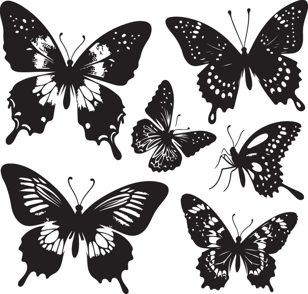 mariposas y flores, modelo con mariposas, conjunto de mariposas, volador mariposas silueta negro conjunto aislado en blanco antecedentes vector