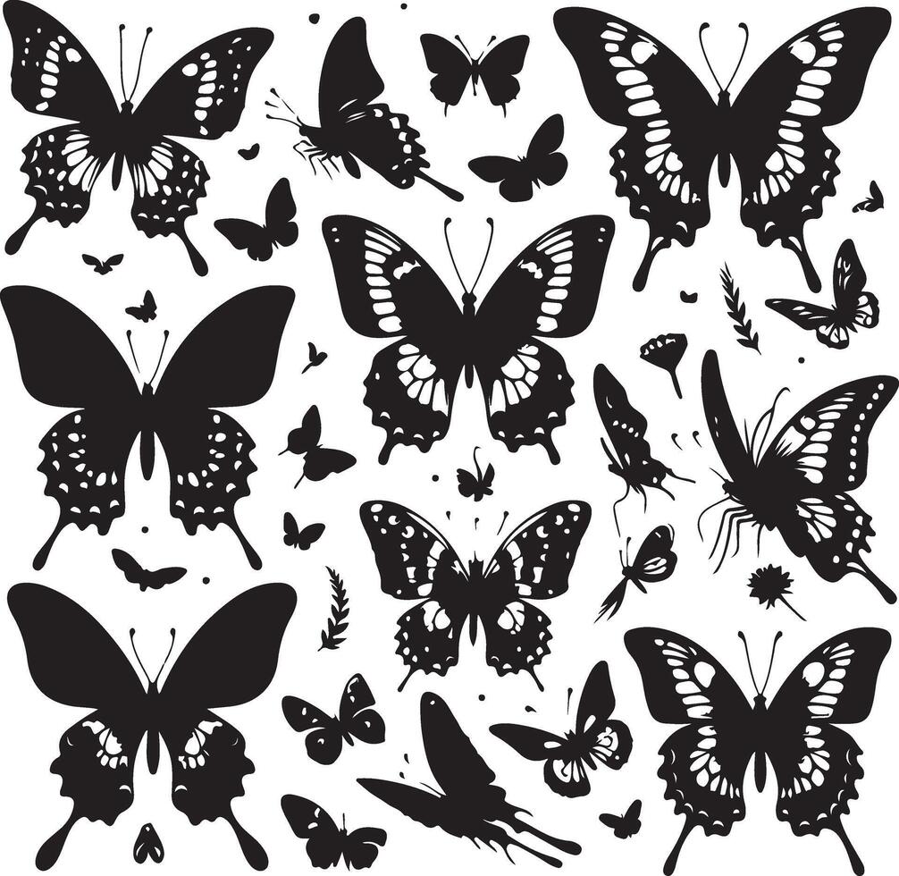 mariposas y flores, modelo con mariposas, conjunto de mariposas, volador mariposas silueta negro conjunto aislado en blanco antecedentes vector