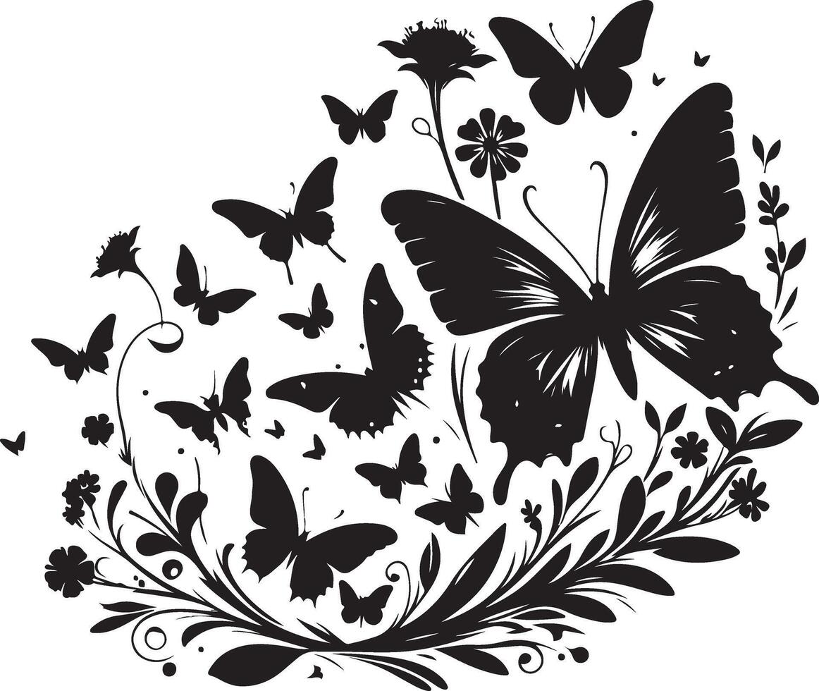 mariposas y flores, modelo con mariposas, conjunto de mariposas, volador mariposas silueta negro conjunto aislado en blanco antecedentes vector