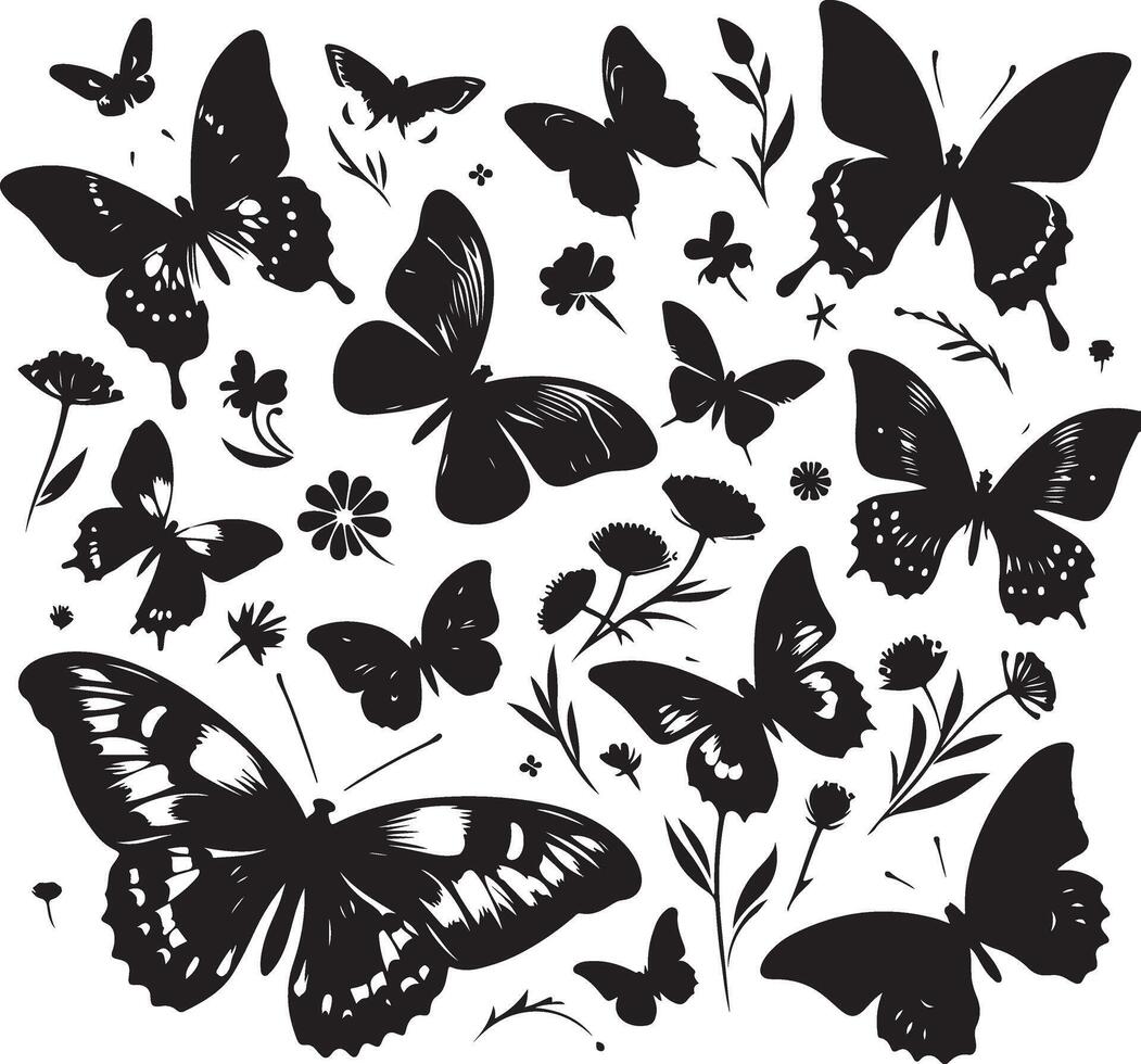 mariposas y flores, modelo con mariposas, conjunto de mariposas, volador mariposas silueta negro conjunto aislado en blanco antecedentes vector