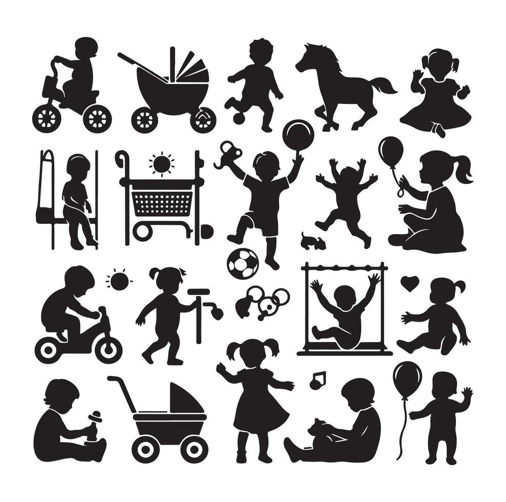Toddler child activity silhouettes illustration, set of children playing with toys vector