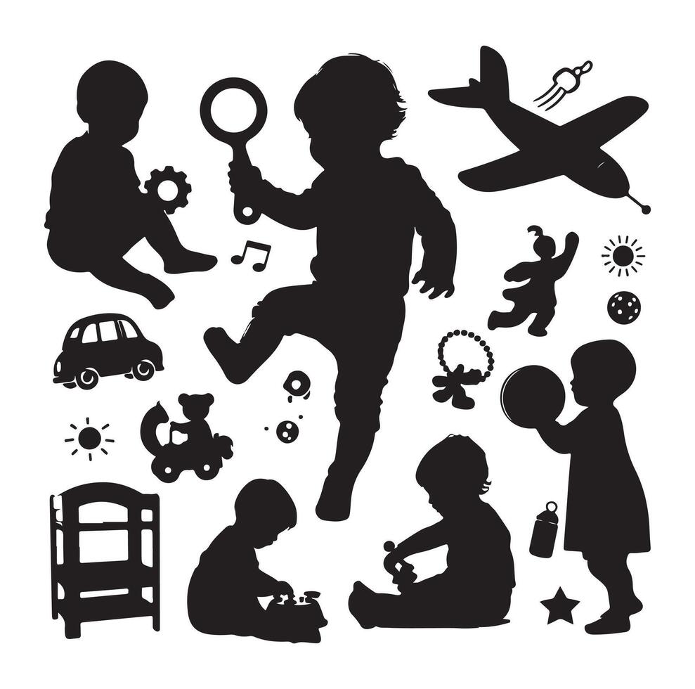 Toddler child activity silhouettes illustration, set of children playing with toys vector