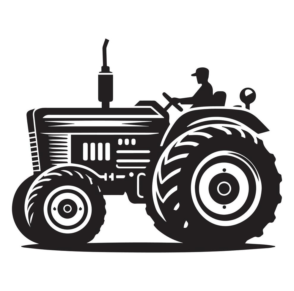 Silhouette of a tractor illustration vector with black old tractor on white background, Tractor isolated on white background