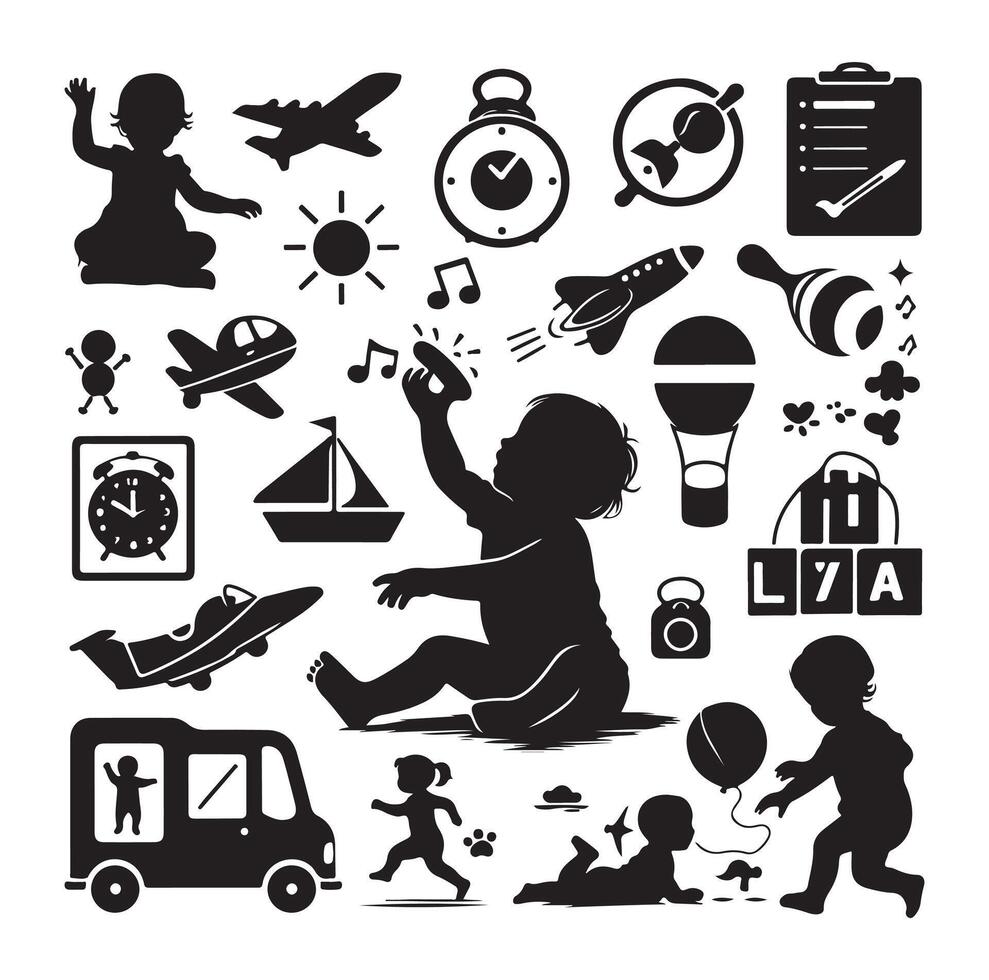 Toddler child activity silhouettes illustration, set of children playing with toys vector