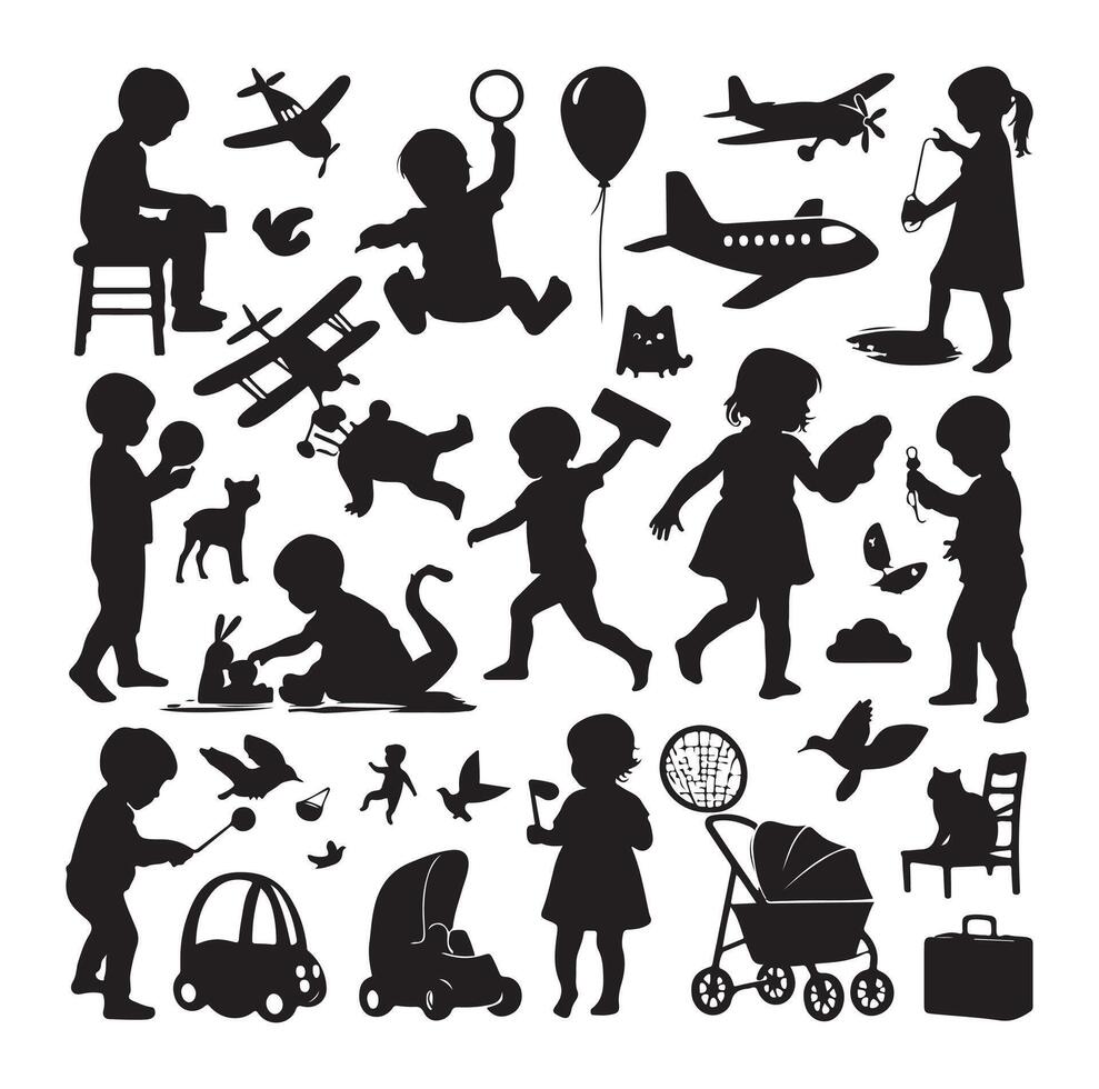 Toddler child activity silhouettes illustration, set of children playing with toys vector