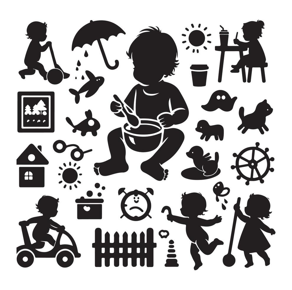 Toddler child activity silhouettes illustration, set of children playing with toys vector