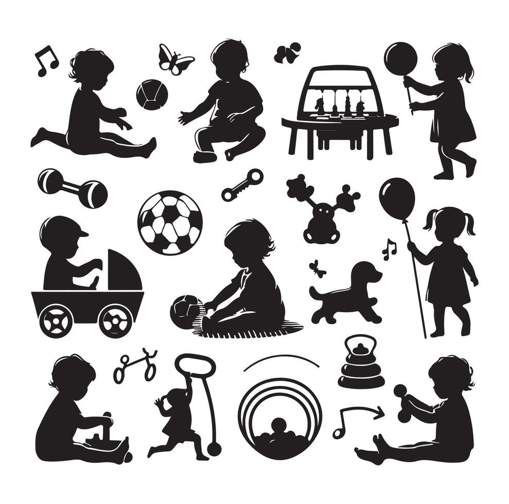 Toddler child activity silhouettes illustration, set of children playing with toys vector