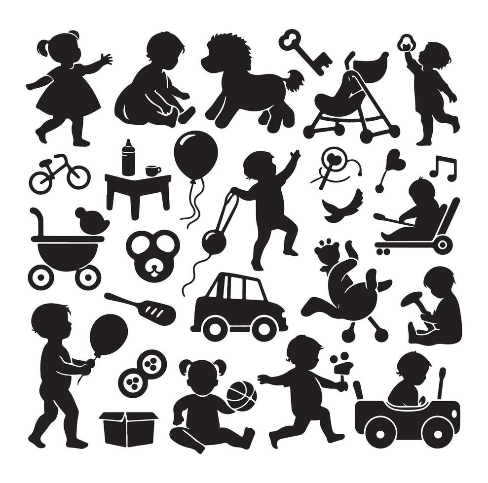 Toddler child activity silhouettes illustration, set of children playing with toys vector
