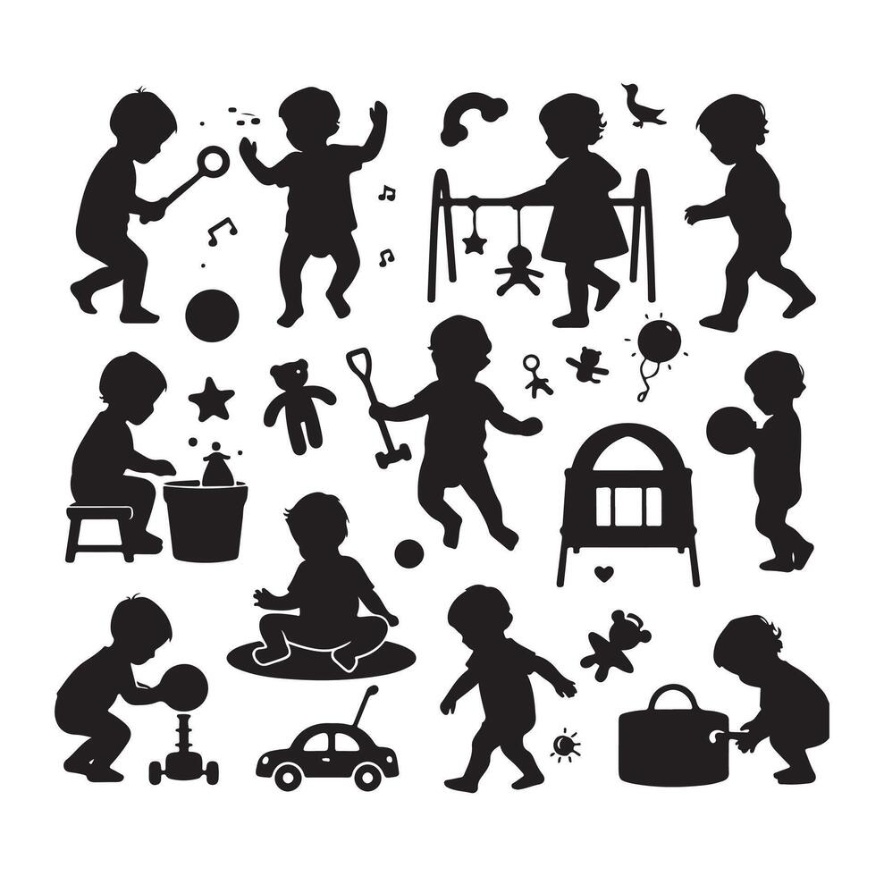 Toddler child activity silhouettes illustration, set of children playing with toys vector