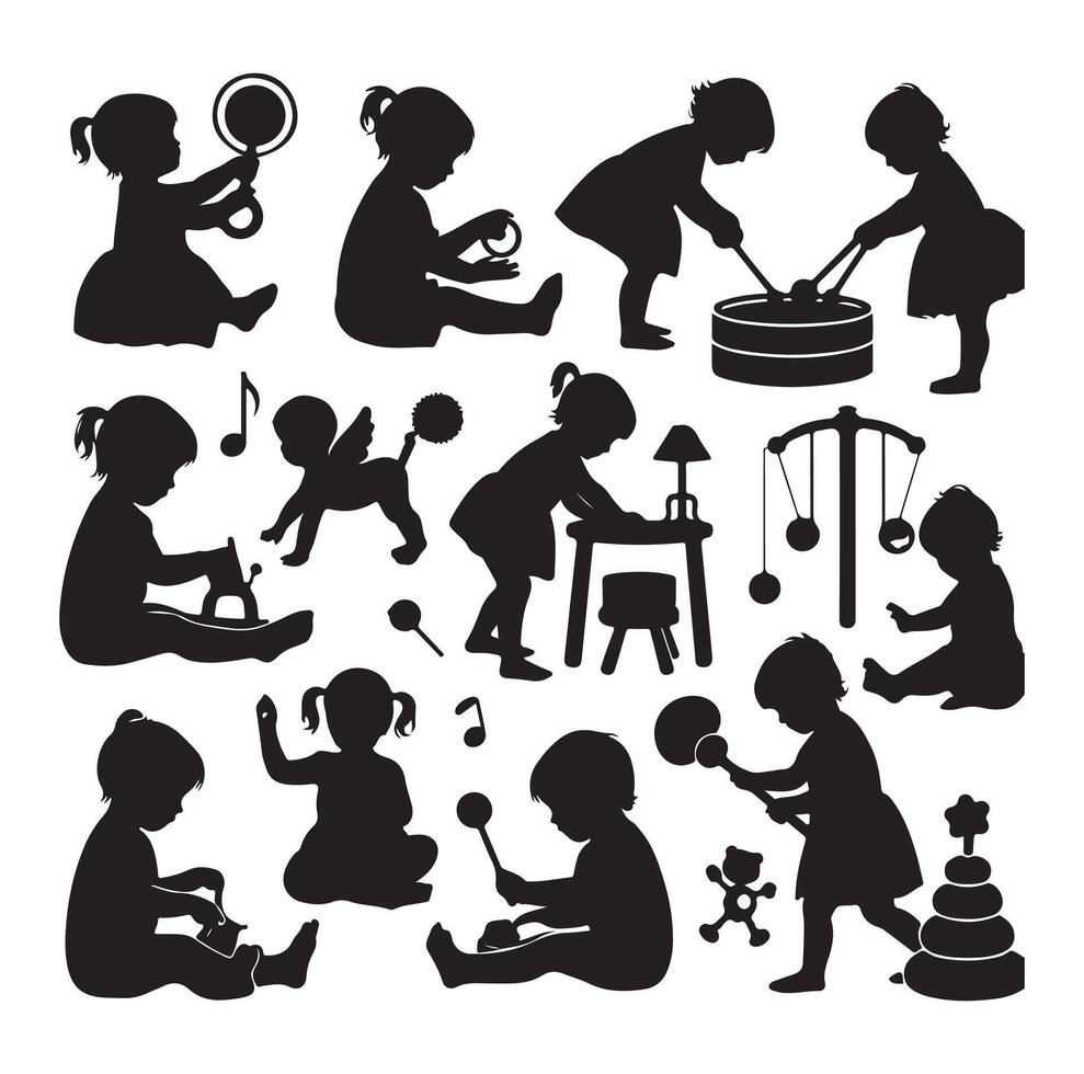 Toddler child activity silhouettes illustration, set of children playing with toys vector