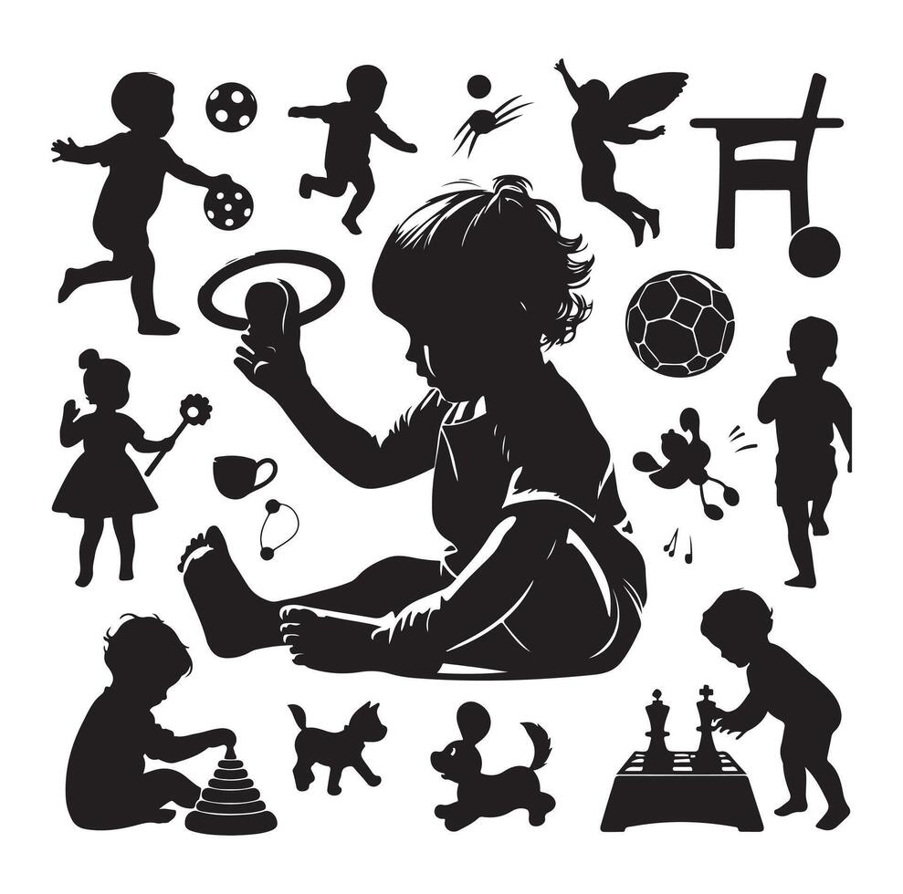 Toddler child activity silhouettes illustration, set of children playing with toys vector