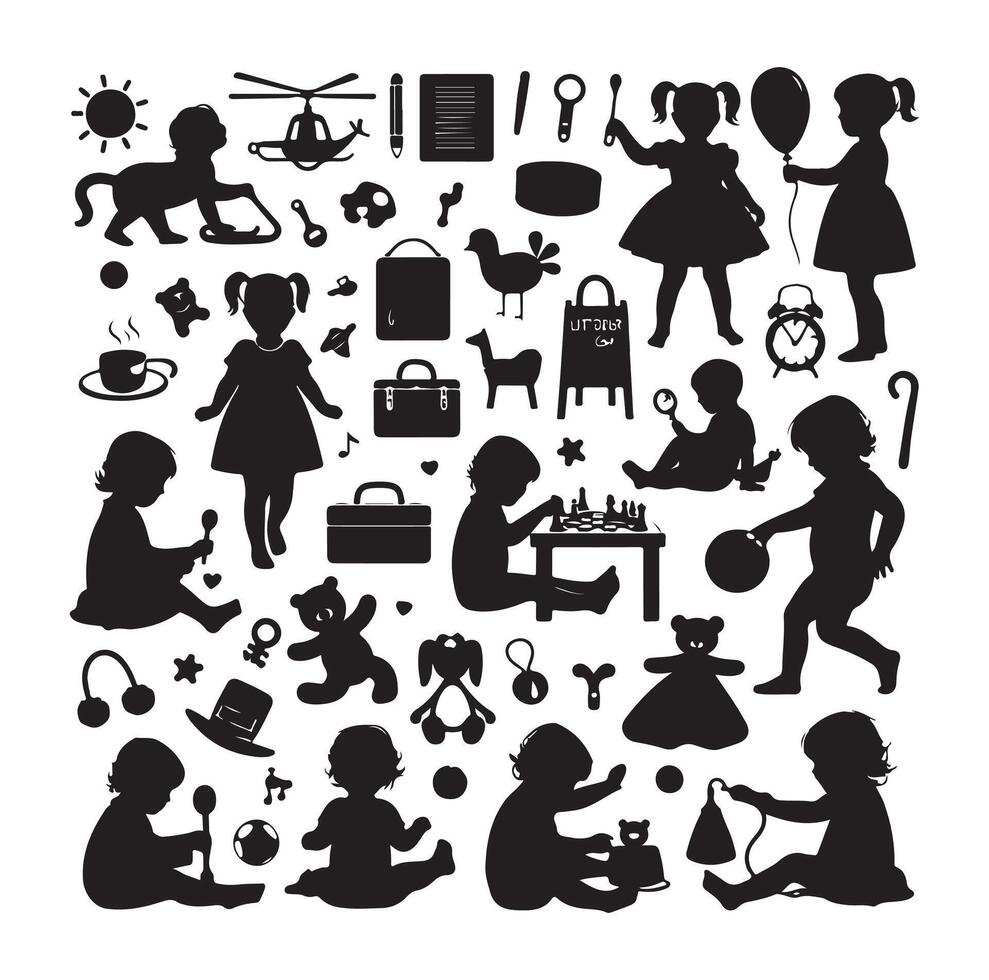 Toddler child activity silhouettes illustration, set of children playing with toys vector